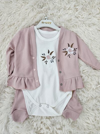 Compleu 3piese Roz Pudra cu Floral 3 luni