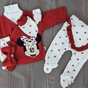 Set nou-născuți 5 piese din bumbac cu inimioare roșii si imprimeu Minnie