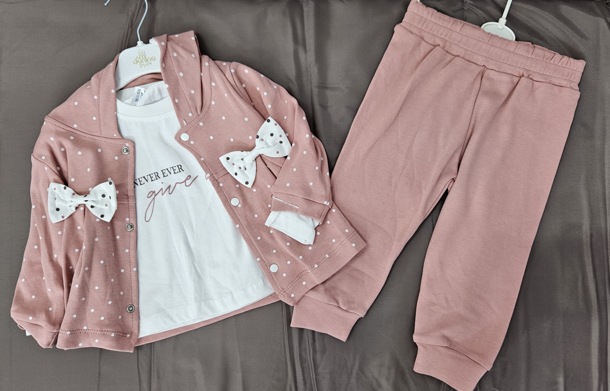 Set 3 piese fetițe din bumbac cu buline și fundițe - imagine 2