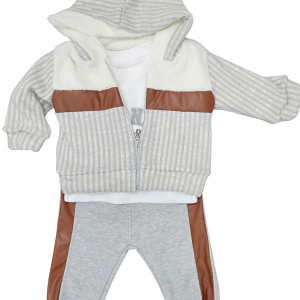 Set Trening Căptușit cu Glugă și Inserții din Piele Ecologică pentru Băieți - Gri/Maro