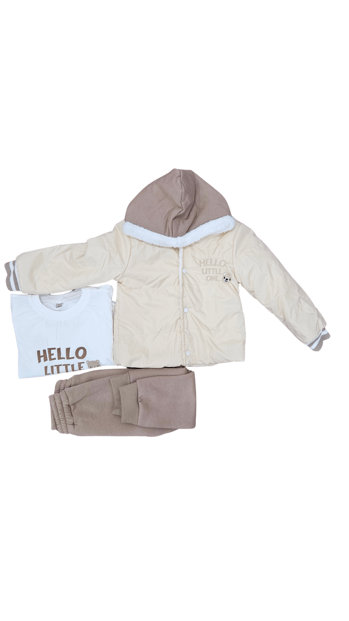 Compleu Copii 3 Piese: Jachetă cu Glugă, Bluză și Pantaloni – Bej/Maro "Hello Little One" - imagine 2