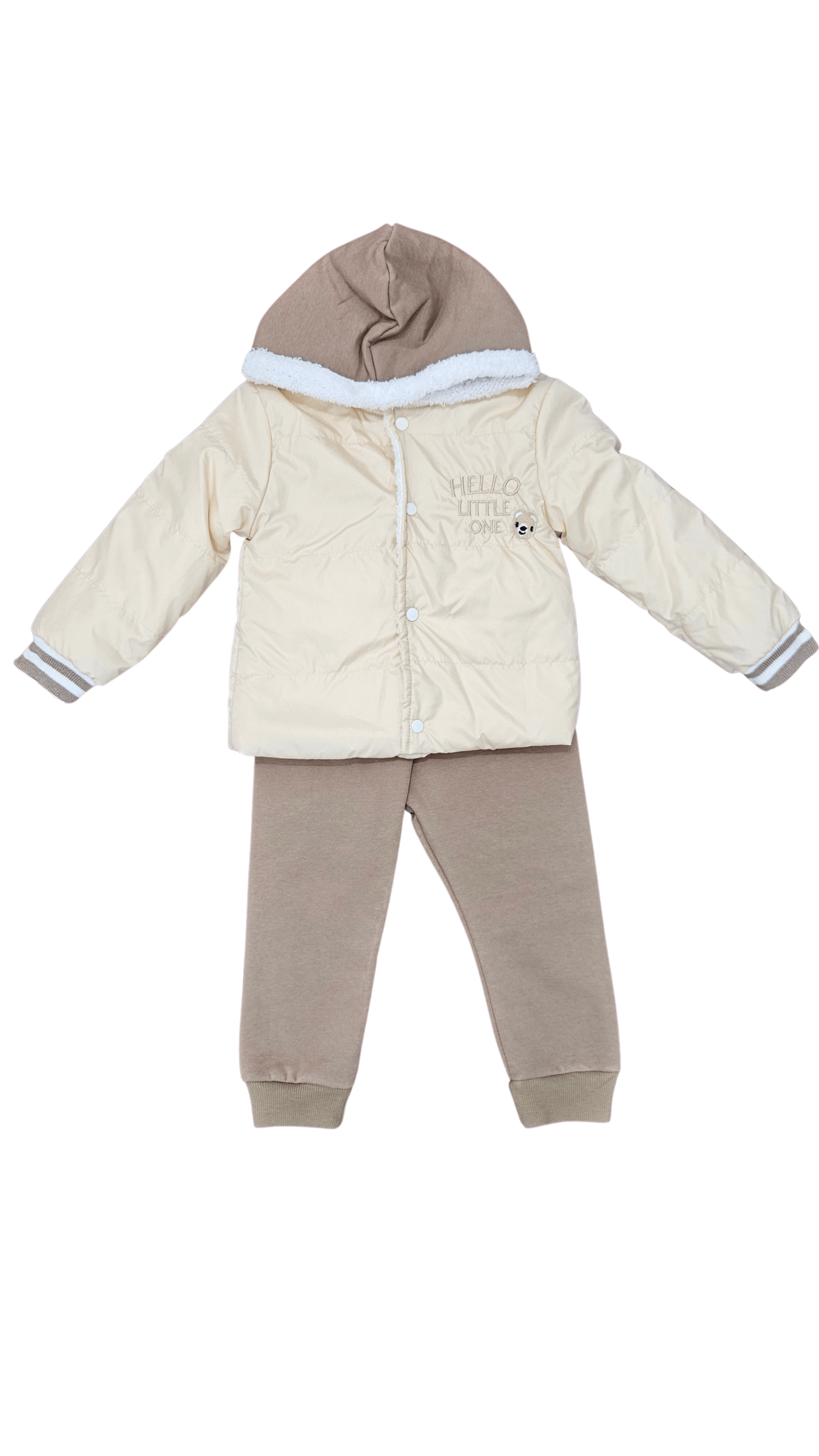 Compleu Copii 3 Piese: Jachetă cu Glugă, Bluză și Pantaloni – Bej/Maro "Hello Little One"